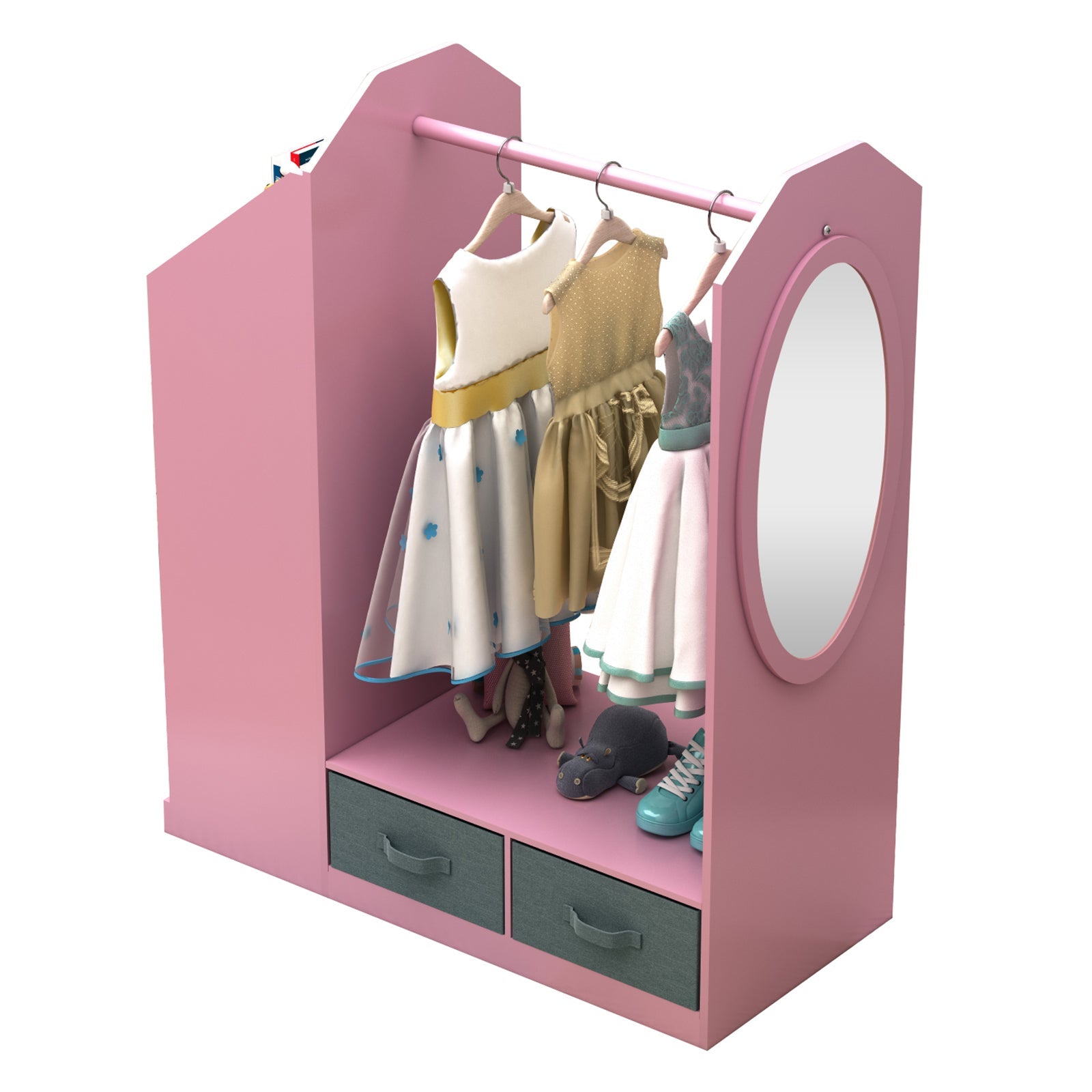 Kids Costume Organizer、 Costume Rack、Kids Armoire、Open Hanging Armoire Closet with Mirror-PINK_2