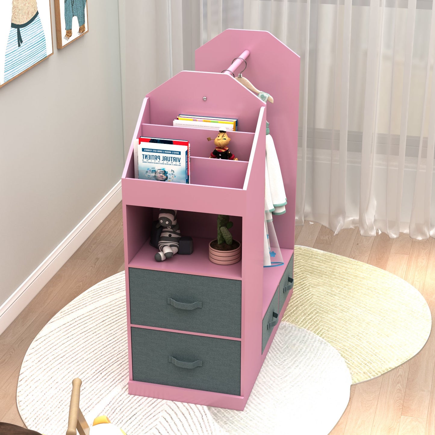 Kids Costume Organizer、 Costume Rack、Kids Armoire、Open Hanging Armoire Closet with Mirror-PINK_4