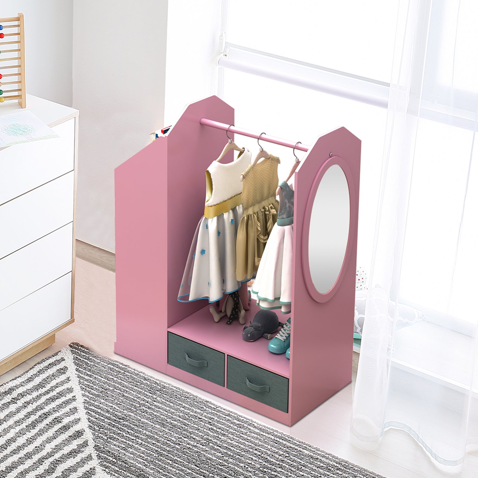Kids Costume Organizer、 Costume Rack、Kids Armoire、Open Hanging Armoire Closet with Mirror-PINK_7