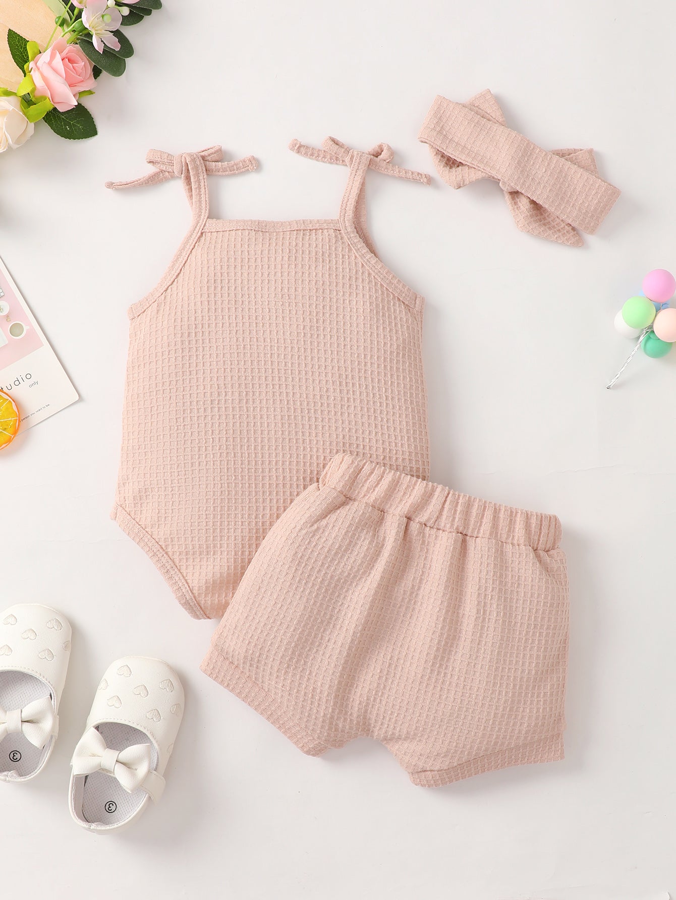 Baby Girl Waffle-Knit Tie-Shoulder Top and Shorts Set_1