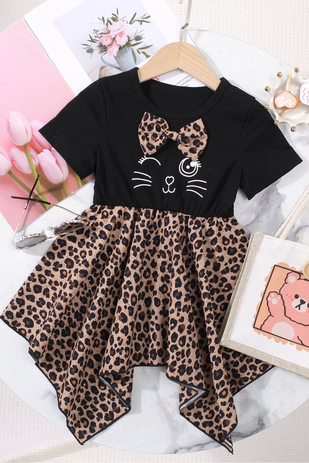 Girls Leopard Graphic Handkerchief Hem Spliced Dress_1