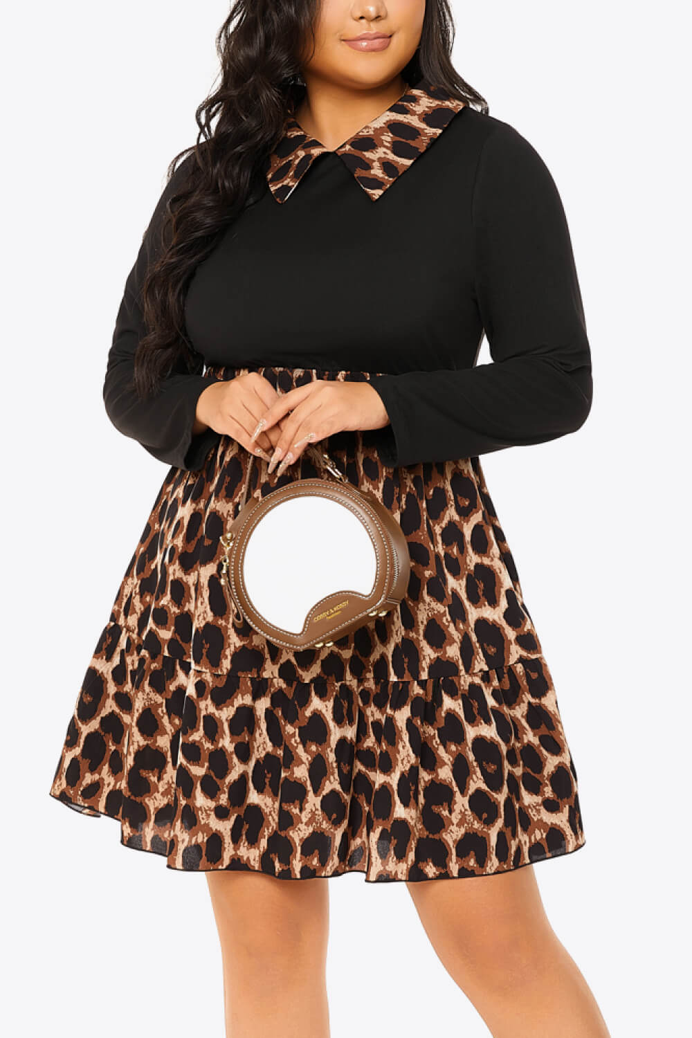 Leopard Color Bock Collared Long Sleeve Dress_1